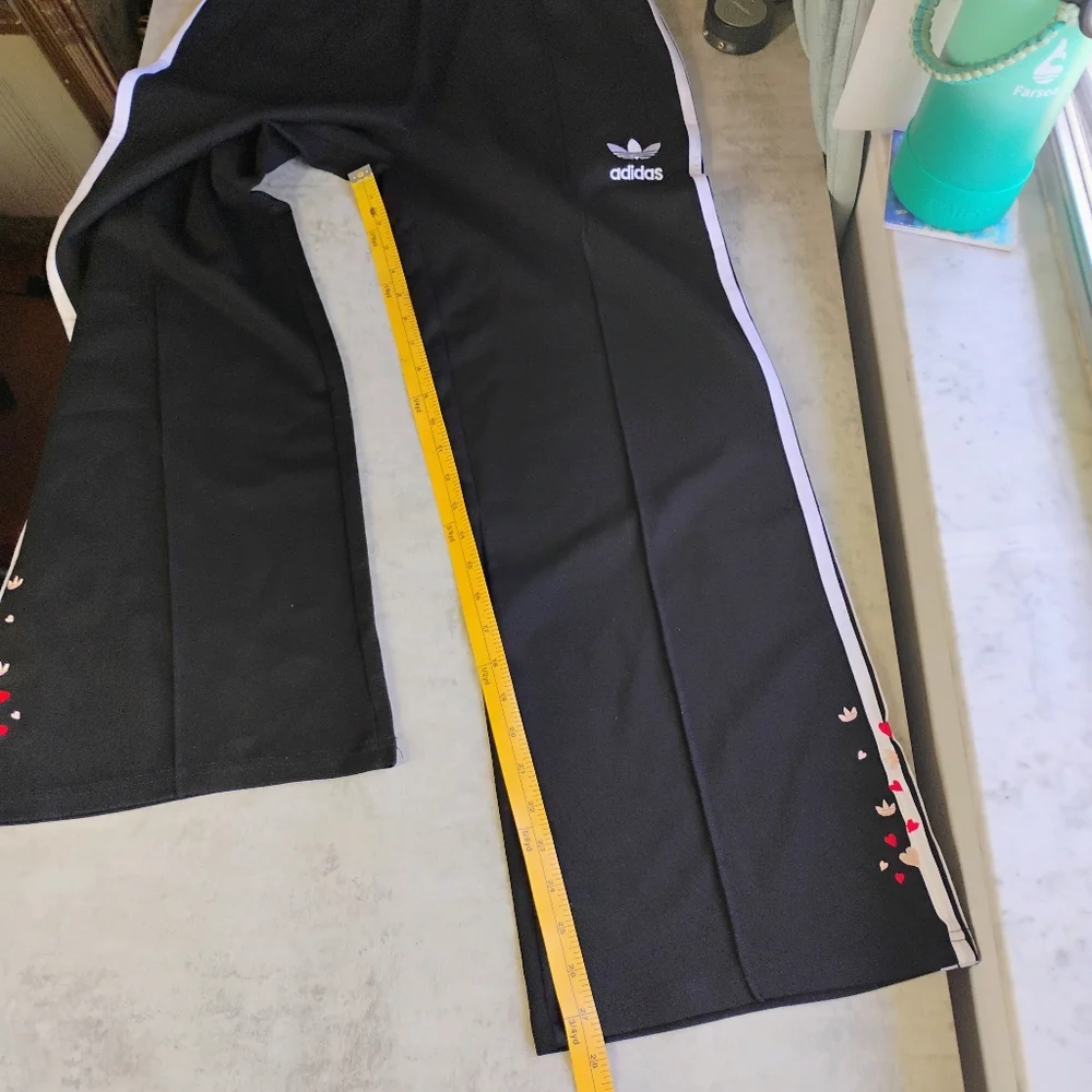 adidas Black Track Pants with White Side Stripes and Red/Gold Heart Embroidery - Picture 11 of 13